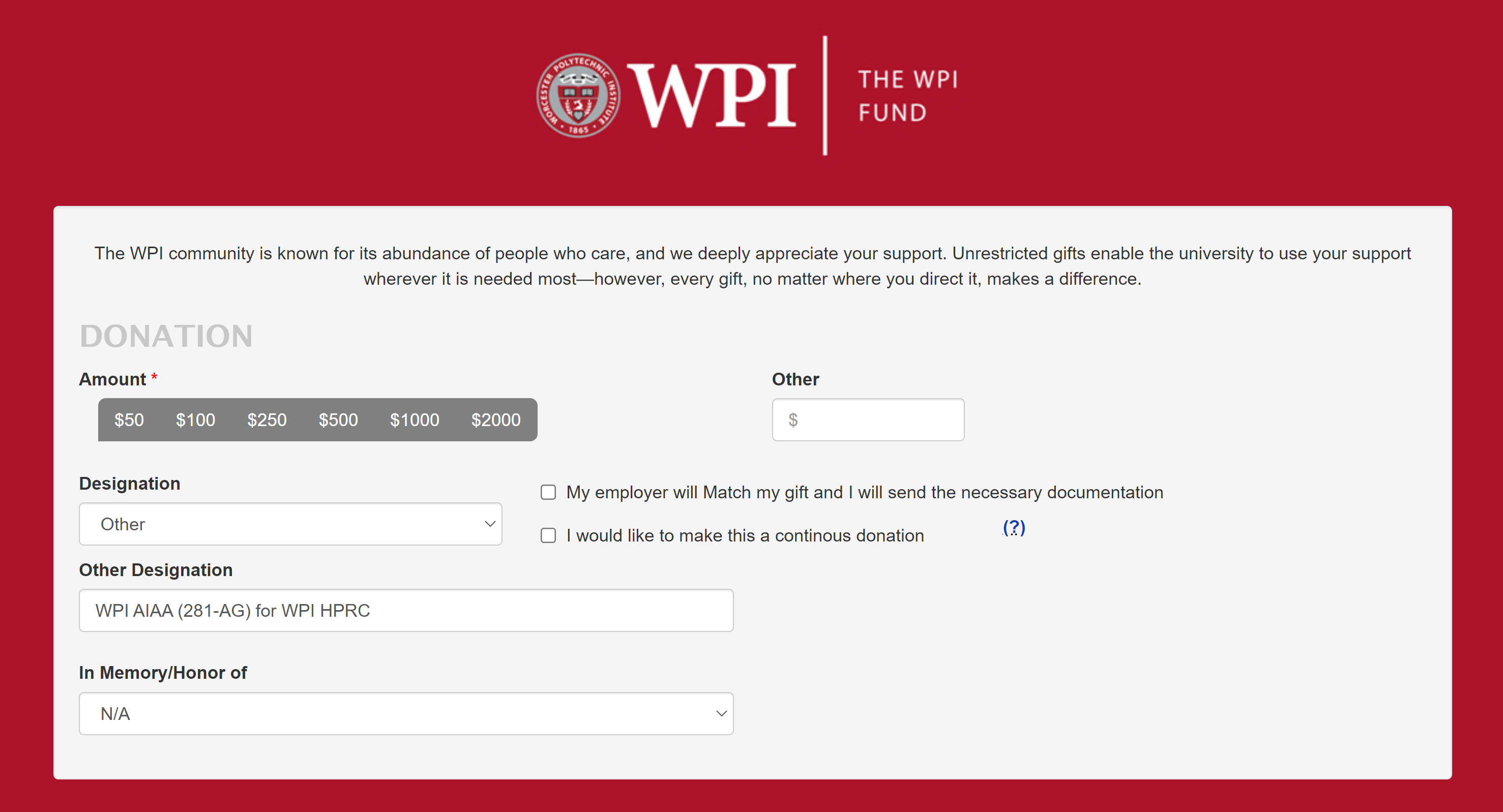 Screenshot of the WPI donation site